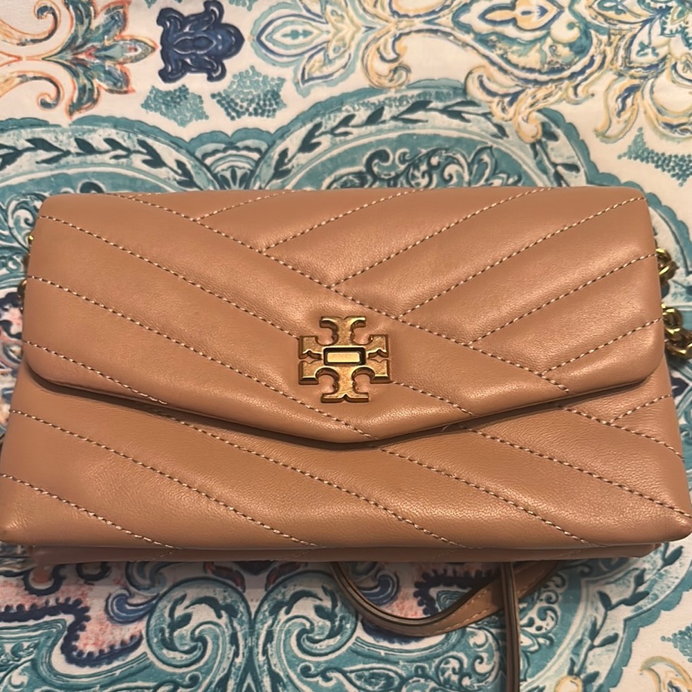 Tory Burch Tan Quilted Chevron Clutch